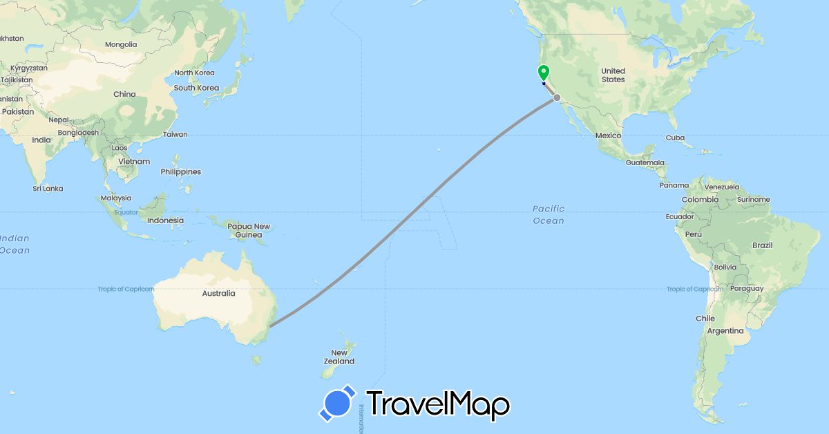 TravelMap itinerary: driving, bus, plane, hiking in Australia, United States (North America, Oceania)